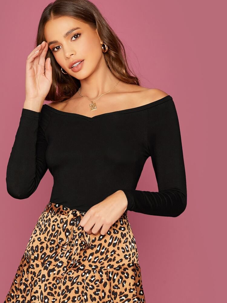 SHEIN Solid Form-Fitting Off-the-Shoulder Top | SHEIN