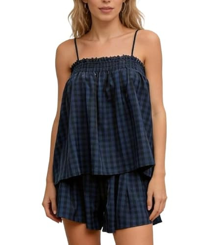 SOOKABEILA Women 2 Piece Lounge Set Sleeveless Striped Cami Peplum Top Boxer Shorts Loose Ruffle ... | Amazon (US)