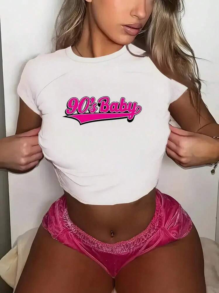 Cotton Blend 90'S Baby Graphic Crop Top - Retro Style, Comfortable Fit, Perfect For Casual Wear | SHEIN