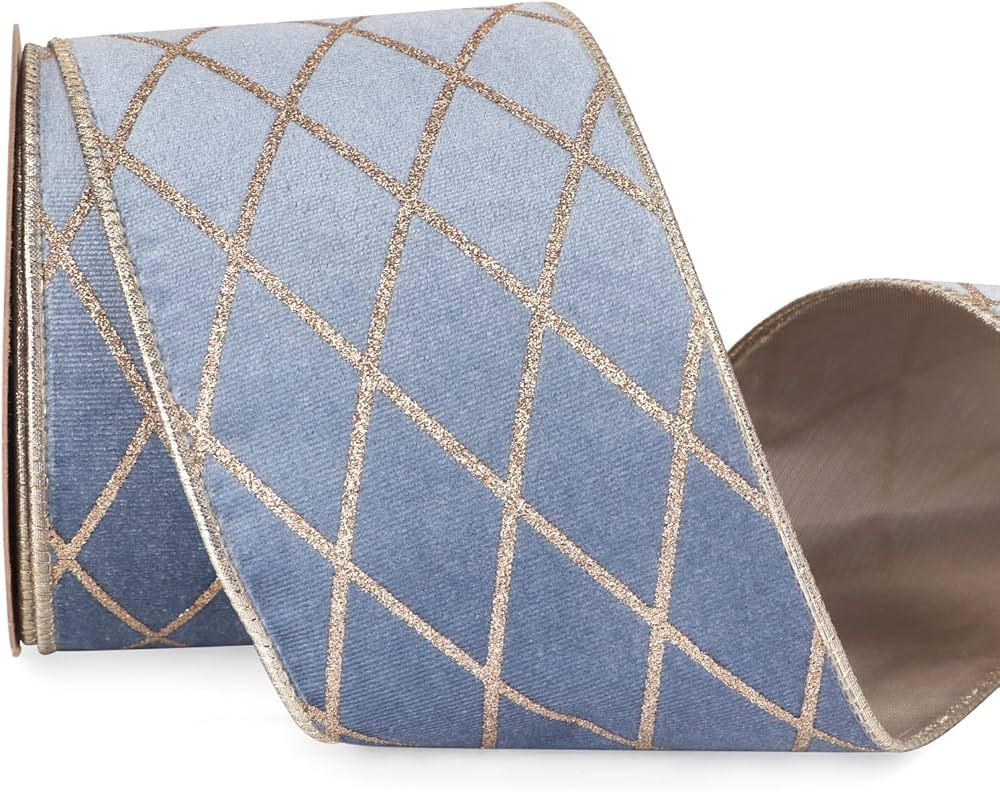 Ribbli Dusty Blue Velvet Ribbon Wired with Glitter Diamond Grid 4 Inch Christmas Ribbon for Chris... | Amazon (US)