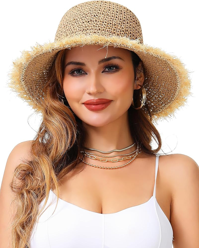 LA CARRIE Womens Sun Hat Floppy Packable Wide Brim UV Protection UPF 50+ Straw Hat with Fringe for Summer Beach | Amazon (US)