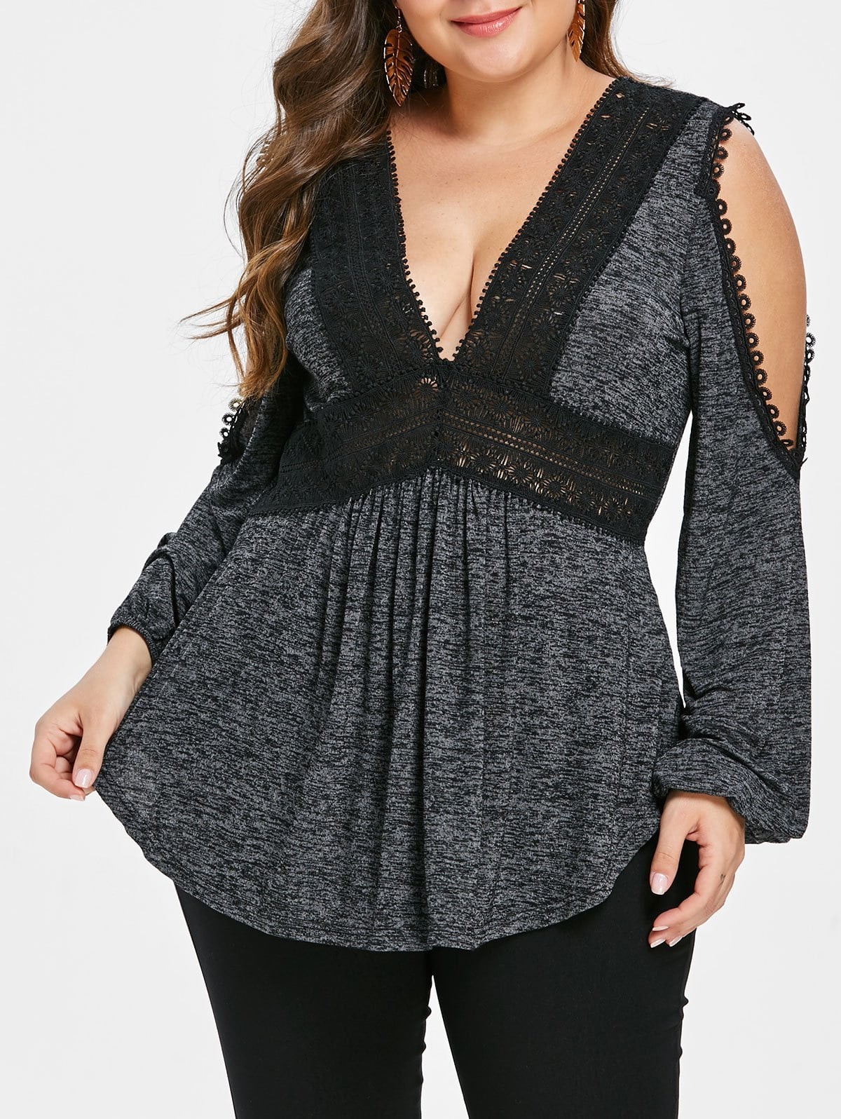 Plus Size Plunge Cold Shoulder Marled T-shirt | Rosegal US