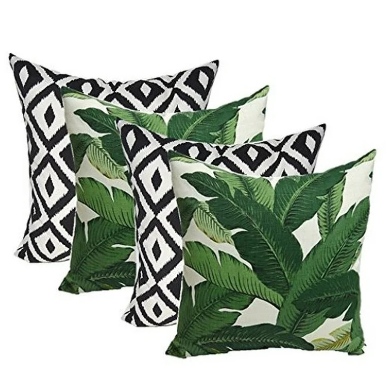 Set of 4 Throw Pillows Swaying Palms Green Leaf and Black White Aztec Geometric - 17"x17" | Walmart (US)