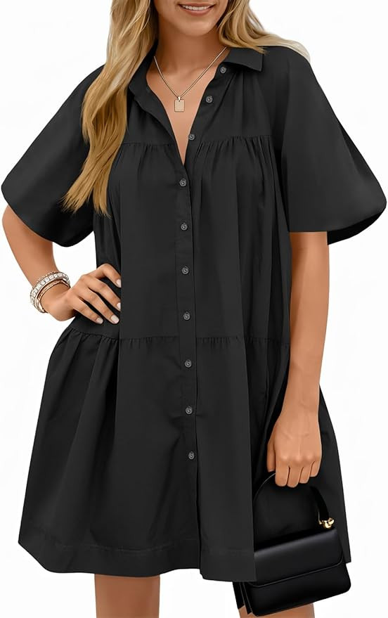 Wenrine Women's Summer Button Down Shirt Dress Floral Puff Short Sleeve Casual Loose Fit Beach Mi... | Amazon (US)