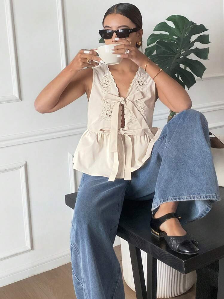 SHEIN Frenchy Women's Casual Solid Color Hollow Embroidery Lace-Up Sleeveless Tank Top Summer Outfits For Women Summer Vacation Shirt Tops, Going Out Tops Everyday Wear Music Festival Clothing Old Money Style Women's Patterned Shirts Boho Summer Tops Spring Outfits For Women | SHEIN