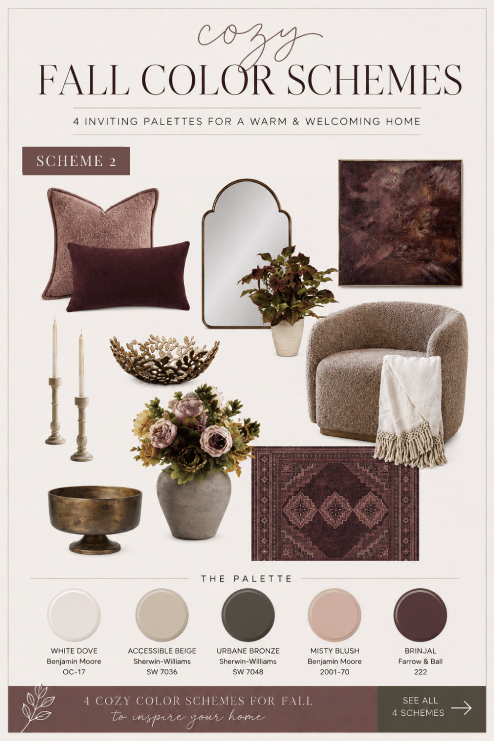 Fall doesn’t have to mean orange pumpkins and seasonal signs.  This cozy fall color scheme uses warm taupes, dusty mauves, rich burgundy and soft cream to make your home feel warmer and more inviting—while still looking elevated and pulled together.

I love this palette for anyone who wants to refresh their home for fall without completely redecorating. A few simple swaps—textured pillows, a cozy throw, vintage-inspired art, warm metallic finishes and deeper accent colors—can completely change the feeling of a room.

Shop this cozy fall home decor look here, and visit the blog to see all 4 cozy fall color schemes, including coordinating paint colors and decorating ideas. 

 #LTKSeasonal #LTKHome