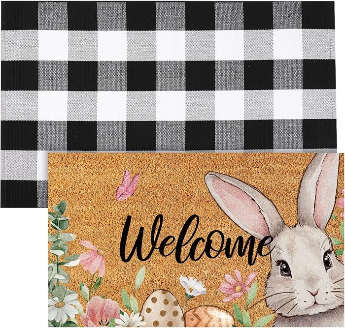 Duraaamo 2 Pcs Easter Coir Doormat Outdoor Rug Bunny Welcome Door Mat Layered Buffalo Plaid Black... | Amazon (US)