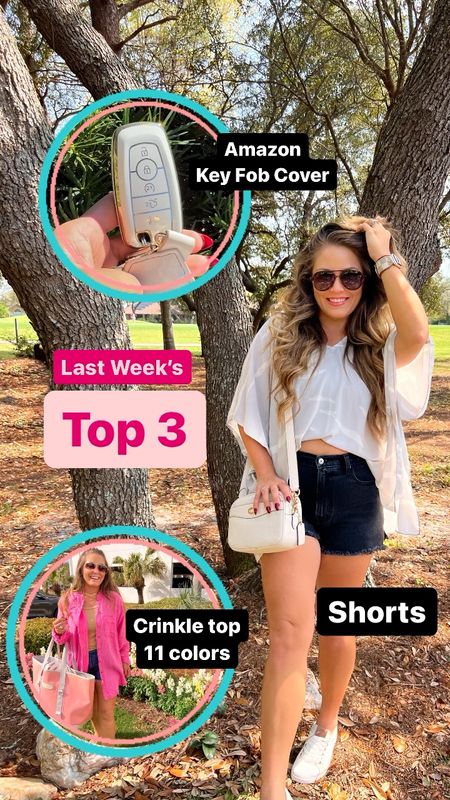 Last week’s favorites 
Top 3 best sellers
Amazon white key fob cover
Abercrombie and Fitch high rise mom shorts curve love
Crinkle pool cover up, button up shirt 

Pool party, vacation look, Florida mom

#LTKsalealert #LTKFind #LTKunder100