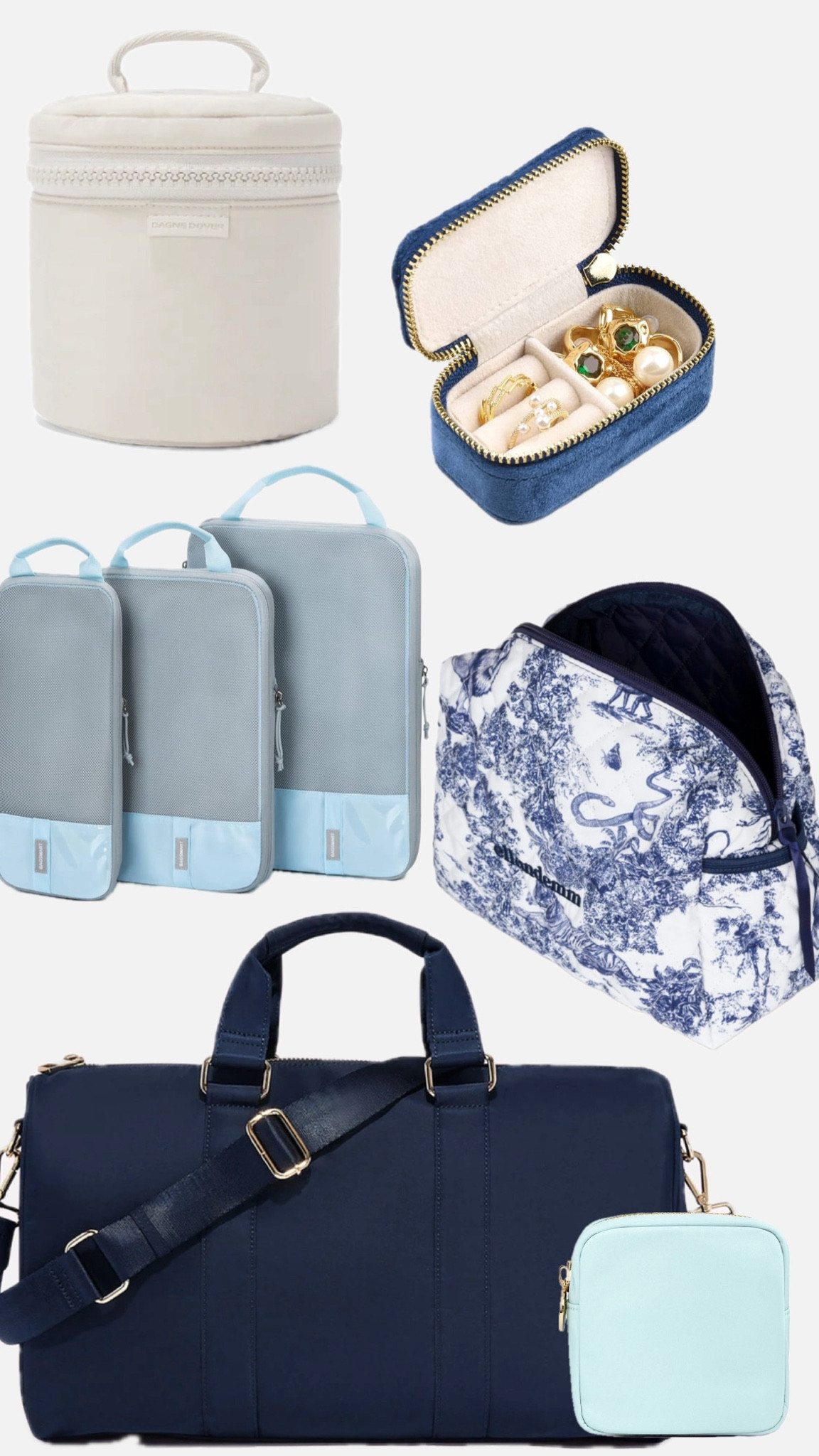 Some of my favorite travel bag essentials! I love the Stoney Clover mini duffle bag for weekend road trips because it is super sturdy and holds everything I need for a quick trip. These compression packing cubes have completely changed the way I pack. It’s so nice to be able to fit double the amount of clothes using these without wrinkling which is key. Then of course my favorite little Dagne Dover Mila for toiletries and the cutest little travel jewelry case. Last but not least, this Ell and Emm toile toiletry bag that is so lightweight and fits a TON! I love all things toile and had to get 2 of them. 

travel. Travel bag. Toiletry bag. Jewelry case. Packing cubes. Compression packing cubes. Toiletry case. Toile

#LTKItBag #LTKTravel