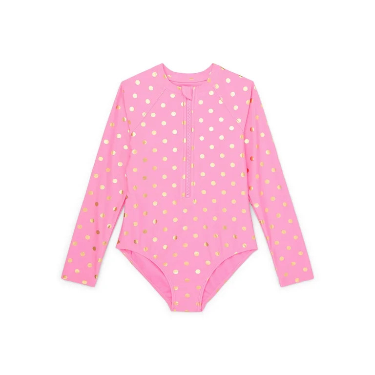 Wonder Nation Girls Long Sleeve Zip-Up Rash Guard One-Piece Swimsuit, Sizes 4-18 & Plus | Walmart (US)
