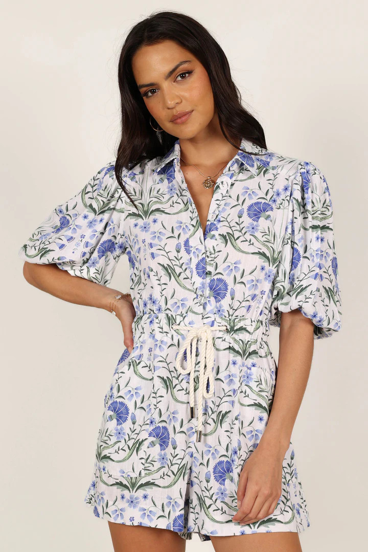 Annie Linen Romper - Blue Floral | Petal & Pup (US)
