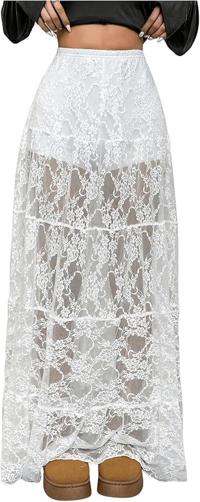 Verdusa Women's Flora Lace Layered Maxi Skirt High Rise Sheer Flowy Skirt | Amazon (US)