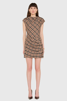 Amanda Uprichard Dalancey Dress in Academy Plaid in Brown Combo - Size L | Amanda Uprichard
