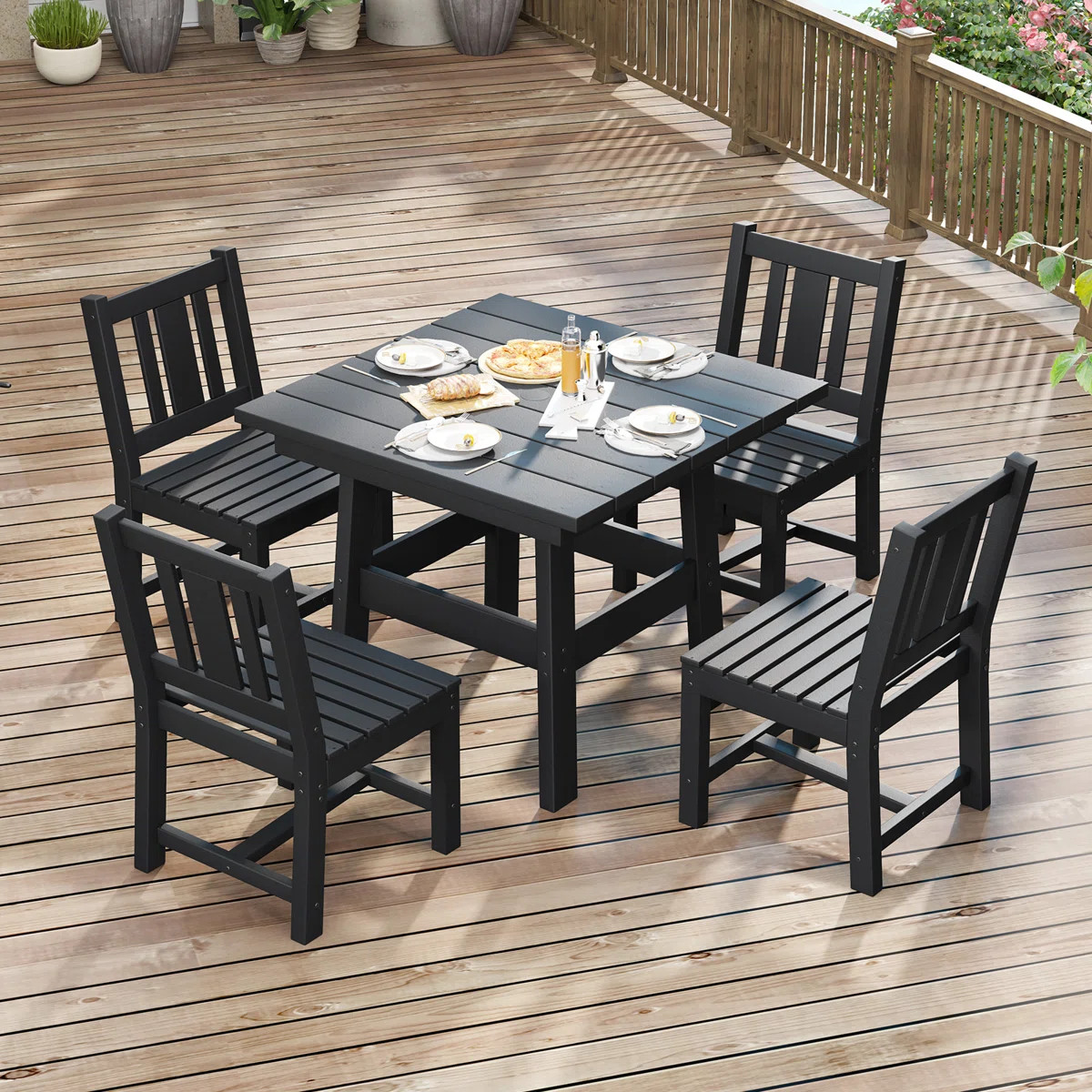 Immie 6- Piece HDPE Outdoor Dining Table Set With Chairs & Umbrella Hole, Black | Wayfair North America
