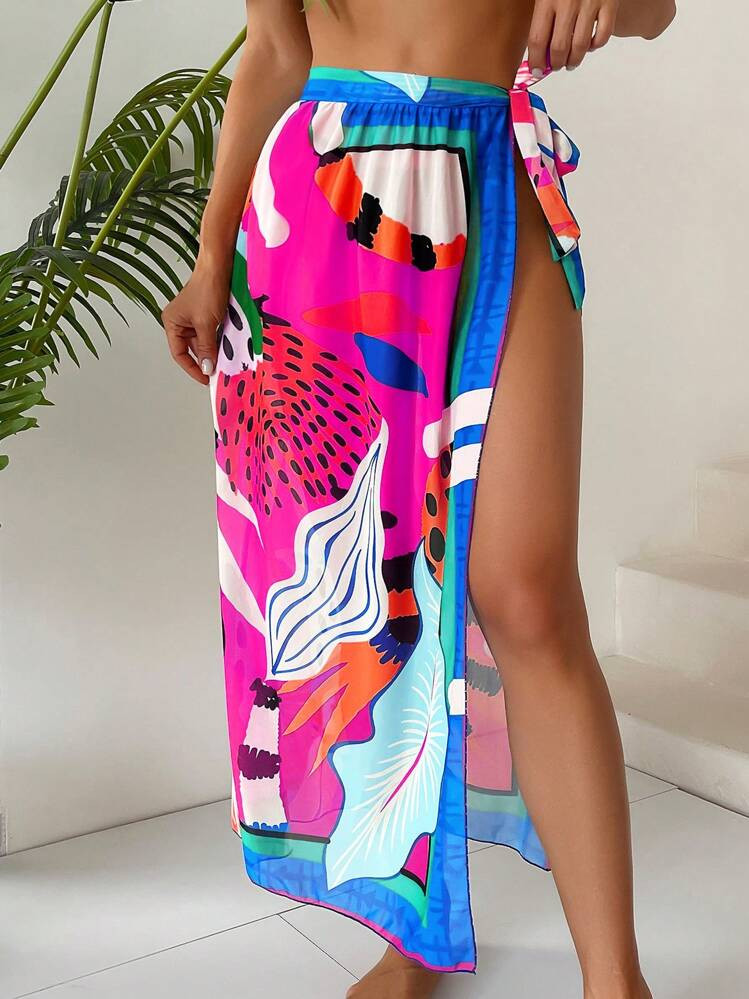 Swim Vcay Allover Print Knot Side Cover Up Skirt,Summer Beach | SHEIN