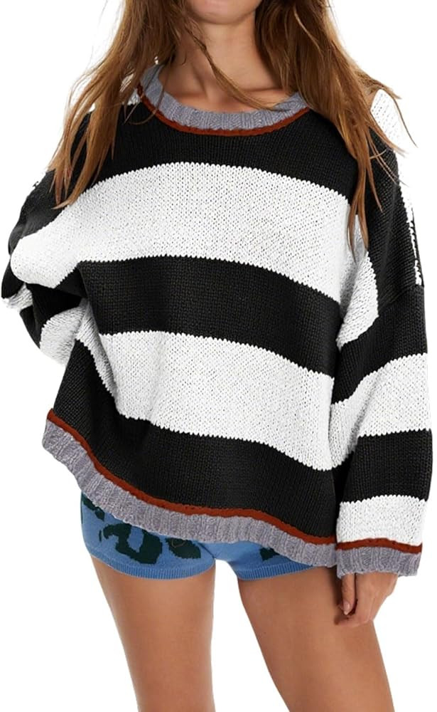 Womens Fall Color Block Striped Sweater Crewneck Long Sleeve Loose Pullover Sweaters Knitted Tops | Amazon (US)