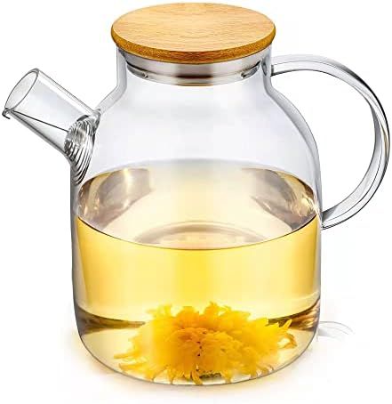 Popward 1800ml /60.9oz Glass Teapot with Infuser, Glass Pitcher with Bamboo Lid, Tea Pot for Loos... | Amazon (US)