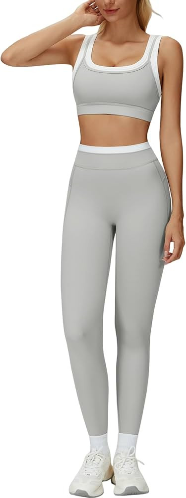 QBGJTD Womens Workout Set Two Piece U Back Color Block Sports Bra Matching High Waist Leggings Gy... | Amazon (CA)