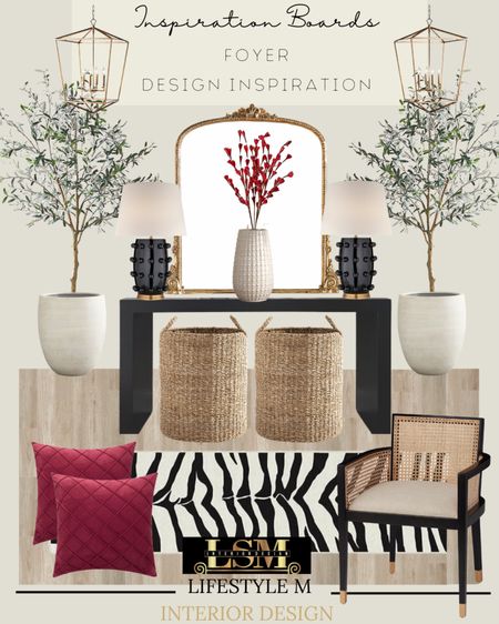 The broadmoore house inspired foyer design. Recreate the look at home with these furniture and decor. Zebra foyer runner, red velvet throw pillow, cane back accent chair, rattan basket, black console table, white tree planter pot, faux fake tree, wood floor tile, black lamp, tan vase, red faux plant, brass mirror. 

#LTKhome #LTKstyletip #LTKFind
