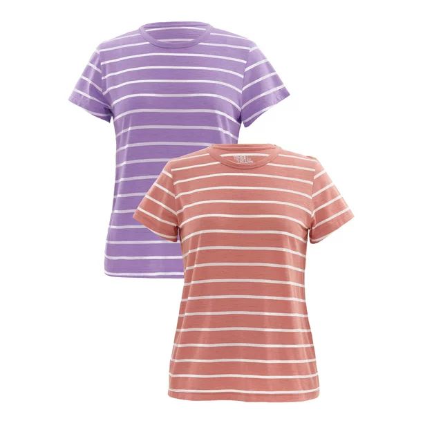 Time and Tru Womens Striped Short Sleeve Slub Crew Neck T-Shirt, 2-Pack - Walmart.com | Walmart (US)