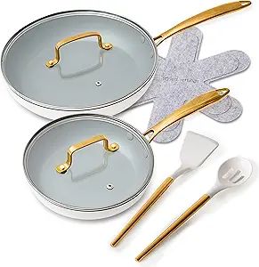 Nonstick Frying Pan Set - 8 PC Luxe Gold & White Pan Set with Lids - PFOA Free, Non Toxic, Oven S... | Amazon (US)