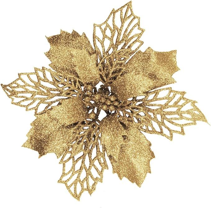 24 Pcs Christmas Gold Glittered Mesh Holly Leaf Artificial Poinsettia Flowers Picks Tree Ornament... | Amazon (US)