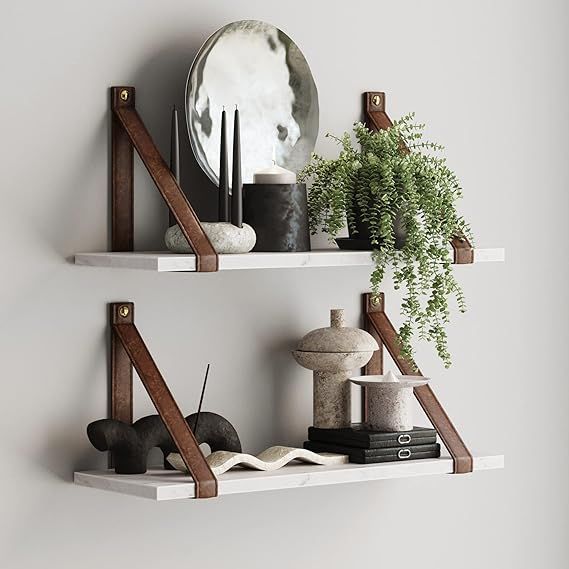 Nathan James Brandon Wall Mount Modern White Marble Floating Shelf for Wall with Vintage Brown Le... | Amazon (US)