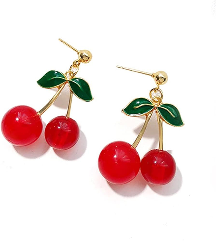 Handmade Creative Light Weight 3D Red Fruits Earrings Plated Sweet & Green Crystal Leaf Lovely Ch... | Amazon (US)