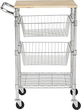 Amazon Basics 3-Tier Metal Basket Rolling Cart with Wood Top, Silver | Amazon (US)