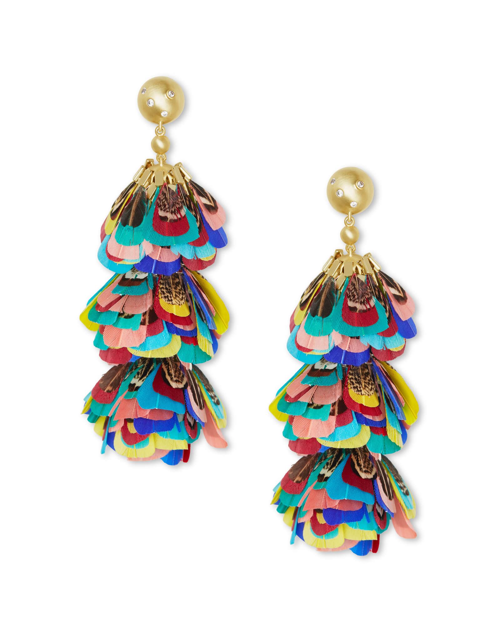 Lenni Gold Statement Earrings in Multi Color Feathers | Kendra Scott