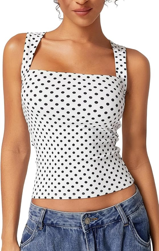 QINSEN Women's Double Layer Tank Tops Square Neck Sleeveless Basic Tight T Shirts | Amazon (US)