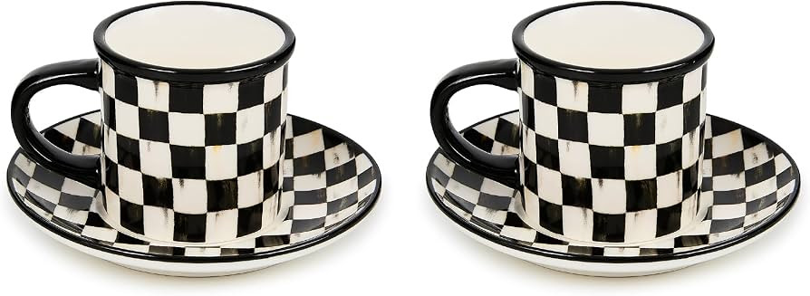 MACKENZIE-CHILDS Set of 2 Stoneware Espresso Cup and Saucer, Cute Coffee Cups, Black-and-White Co... | Amazon (US)