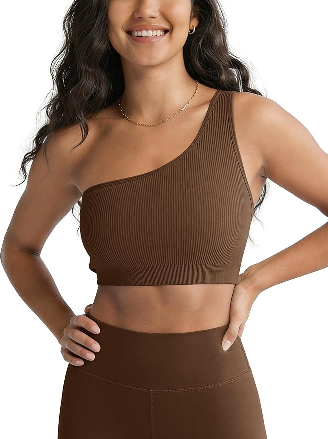 ODODOS Seamless One Shoulder Sports Bra for Women Ribbed Asymmetrical Non Padded Yoga Crop Tank T... | Amazon (US)