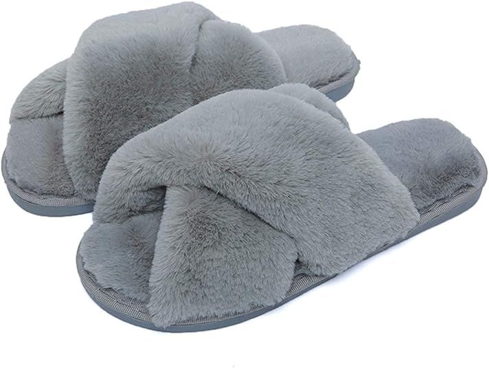 Fuzzy Slippers for Women, Cross Band Faux Furry Slippers Warm Slide Flat House Slippers Sandals L... | Amazon (US)