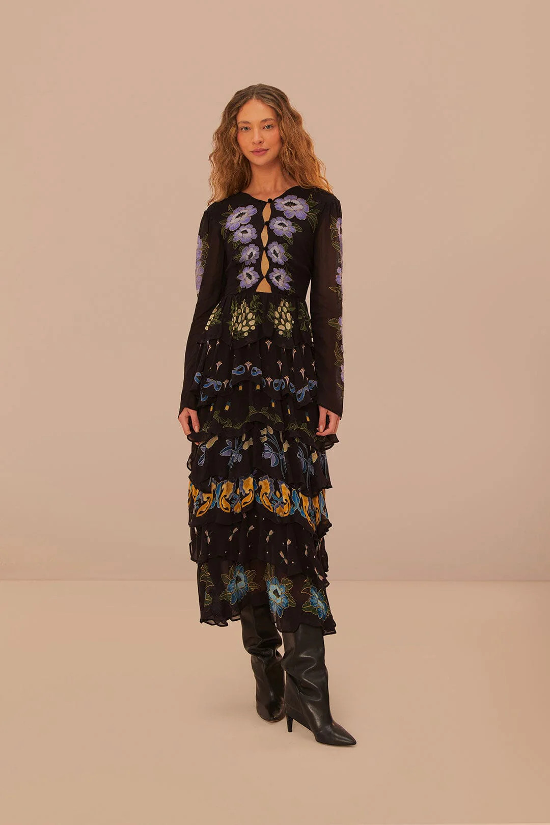 Black Winter Garden Ruffle Maxi Dress | FarmRio (US)