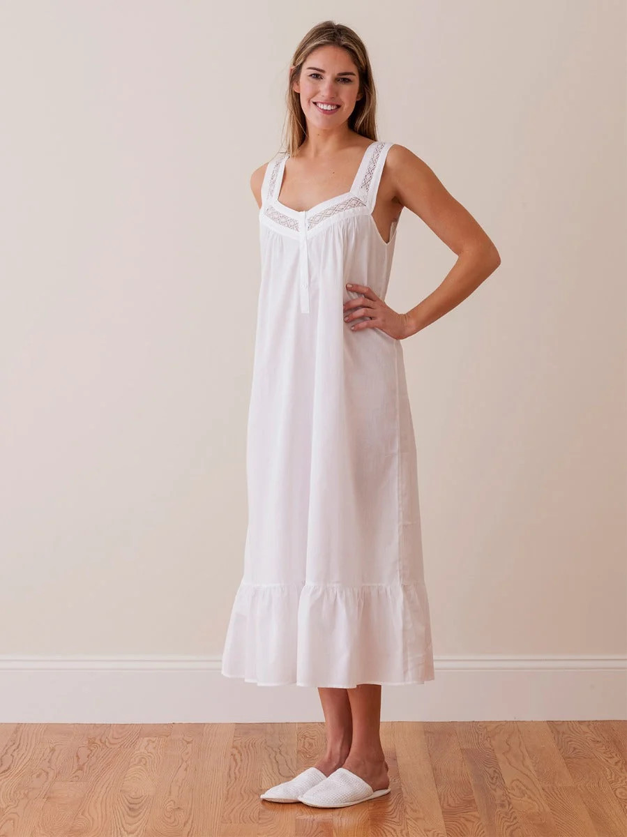 Courtney Nightgown - Jacaranda Living White Cotton Nightgowns, Strap Sleeve, Ruffle Hem, Lace | Jacaranda Living