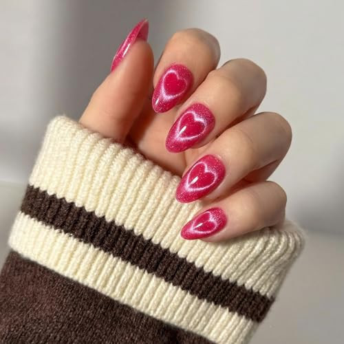 Glamnetic Press On Nails - Text Me Back | Short Almond Fake Nails in Hot Pink with Cat-Eye Magnetic Heart Designs in a Velvet Finish, Valentines Day Nails | 15 Sizes - 30 Nail Kit with Glue | Amazon (US)