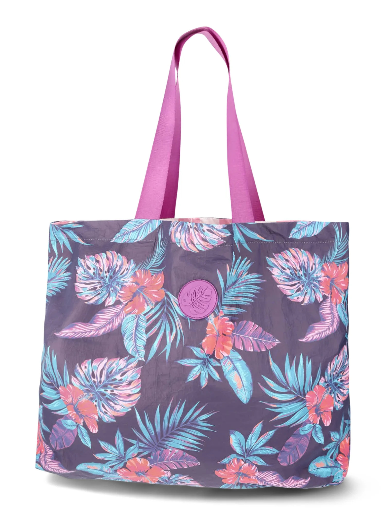 No Boundaries Women's Beach Wipeable Tote Bag, Navy Tropical | Walmart (US)