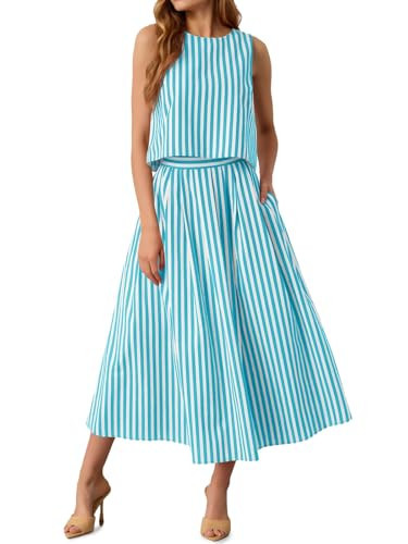 Tankaneo Womens 2 Piece Skirt Sets Summer Striped Sleeveless Tank Tops Midi Dress Travel Vacation Outfits Matching Sets | Amazon (US)
