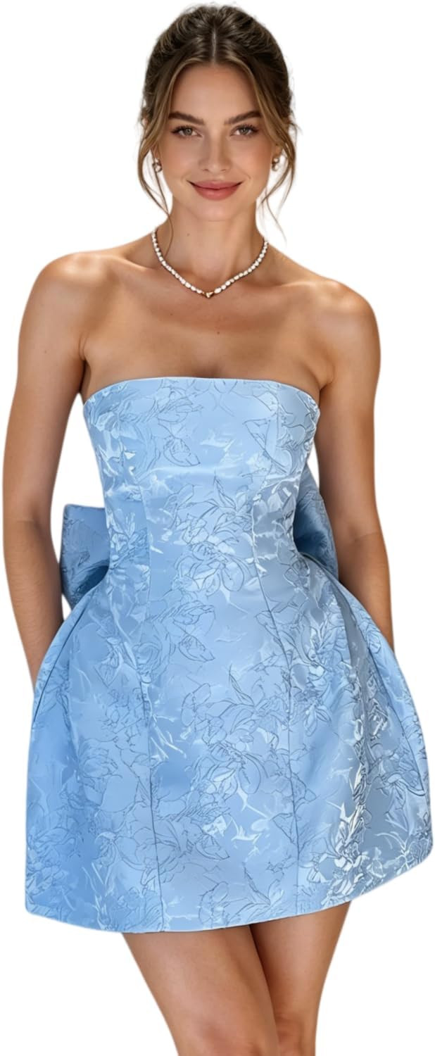 JUMISEE Embroidery Satin Homecoming Dress with Bow Modest Strapless Mini Dresses A Line Short Prom Dress Party Gown | Amazon (US)