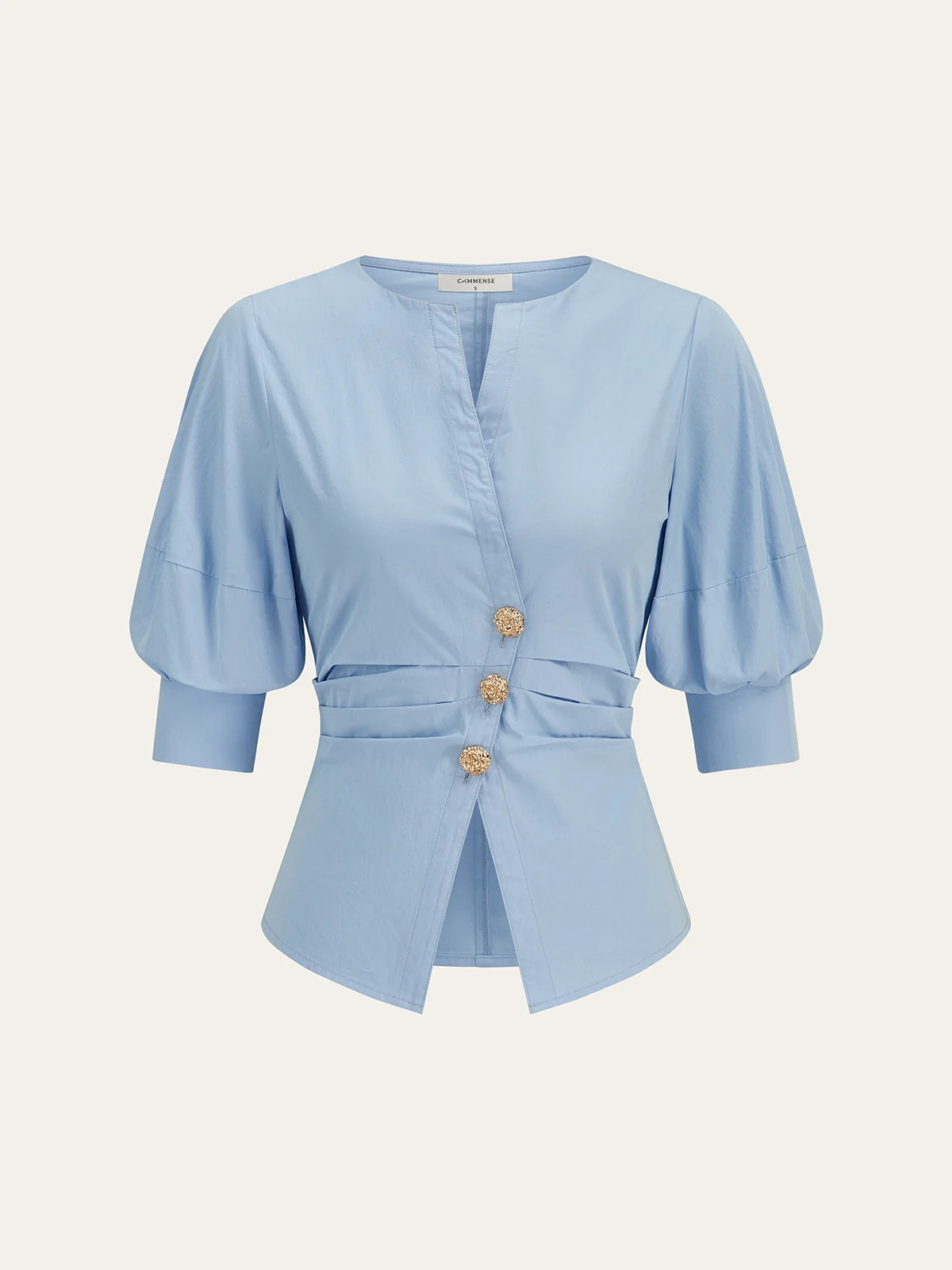 Asymmetric Metal Button Puff-Sleeve Shirt | Commense