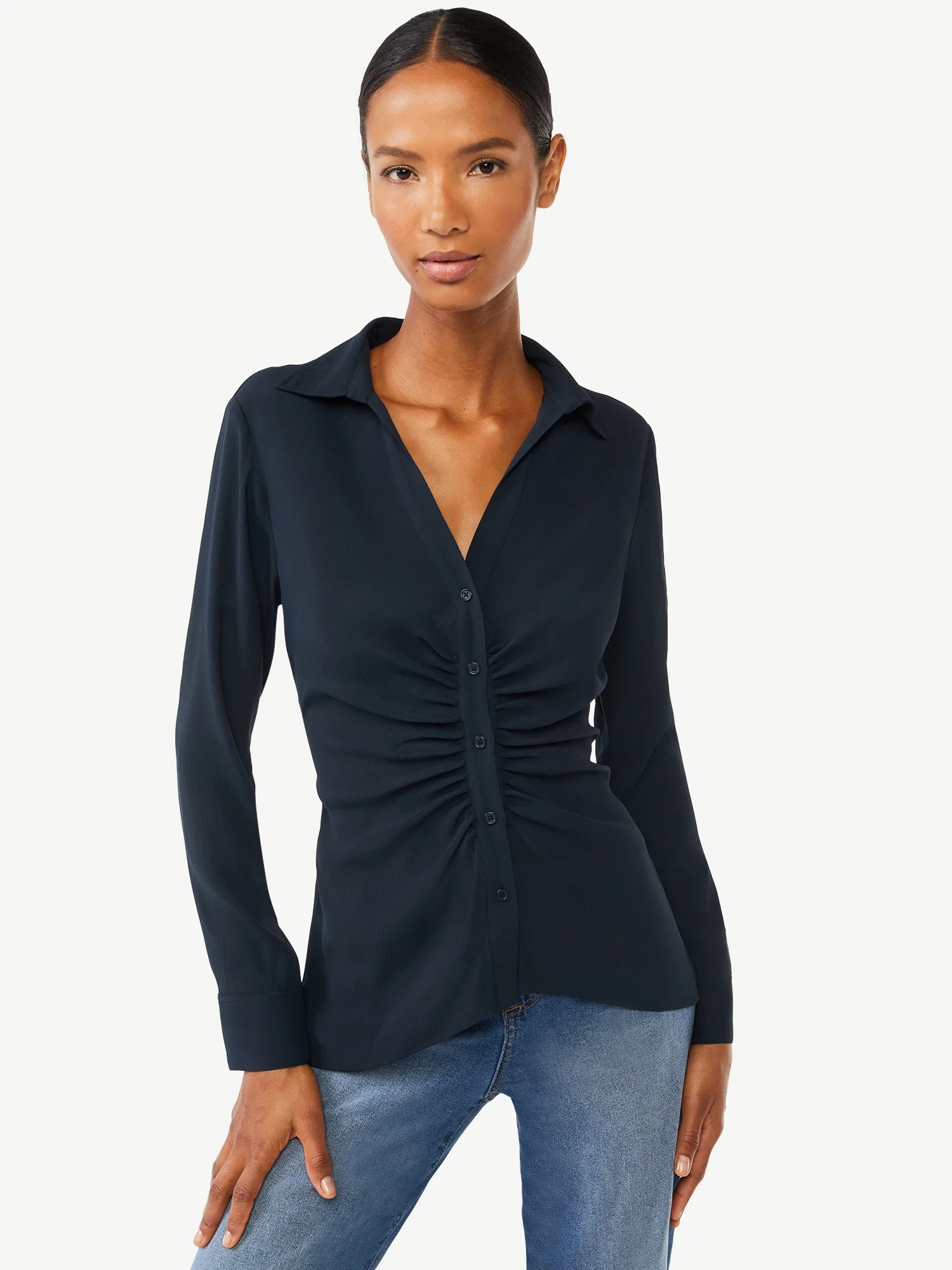 Scoop Women's Shirred Button Front Shirt with Long Sleeves - Walmart.com | Walmart (US)