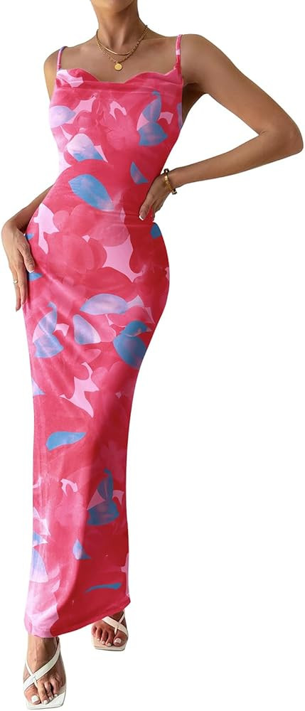 PRETTYGARDEN Women's 2024 Summer Floral Spaghetti Strap Maxi Dress Stretch Sexy Bodycon Dress Bac... | Amazon (US)