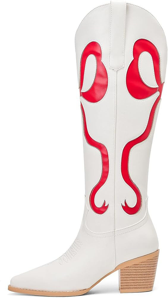 Women's Cowboy Boots With Colorful Bows Embroidered White Knee-High Cowboy Boots Fashion Almond T... | Amazon (US)