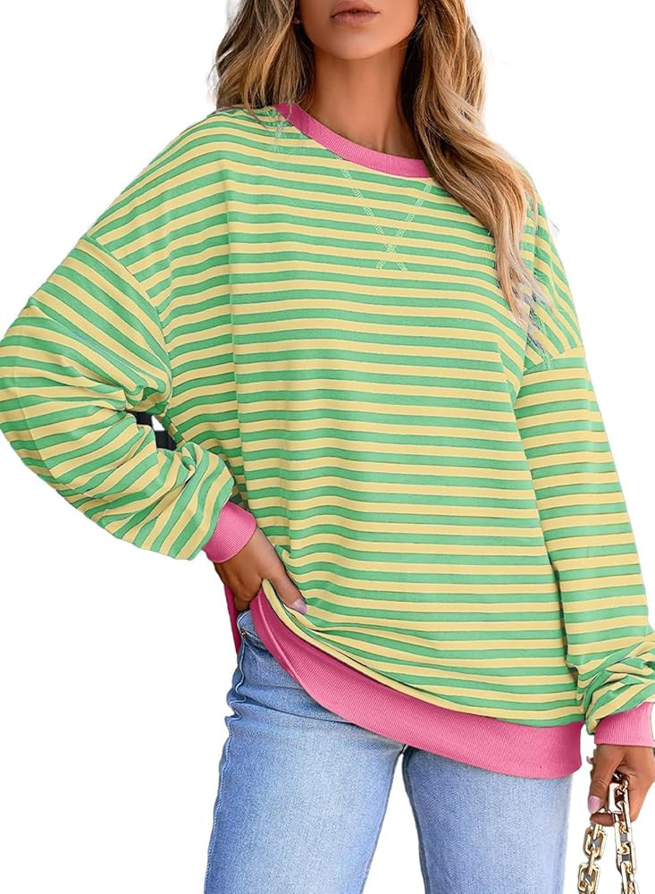 AlvaQ Womens Oversized Sweatshirt 2024 Casual Crewneck Long Sleeve Colorblock Striped Pullover Tu... | Amazon (US)