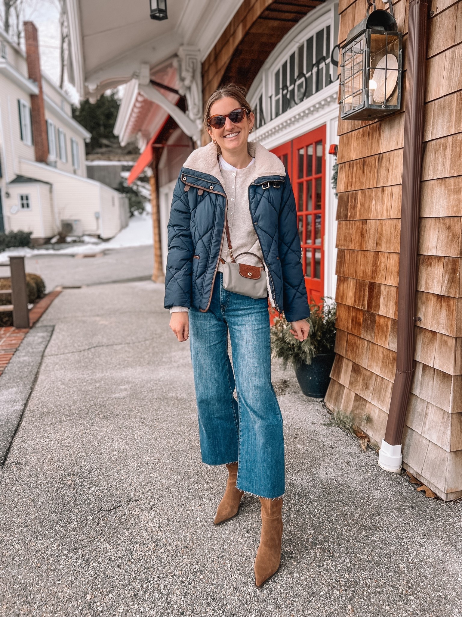 Winter layers- cropped denim with boots and cozy jacket and cardigan 