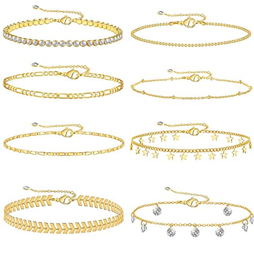 SYNLIN 8Pcs Gold Ankle Bracelets for Women 18K Gold Plated Anklet for Women Beaded Anklet Cute Ankle Bracelets Beach Jewelry for Women | Amazon (US)