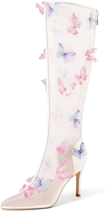 Women's Clear Knee High Boots Butterfly Pointed Toe Stiletto High Heels Mesh Boots Sexy Back Zipp... | Amazon (US)