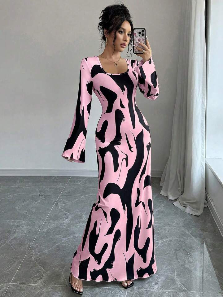 Rafferiza Urban Chic Knitwear Animal Pattern Square Neck Flared Sleeve Fitted Waist Dress For Wom... | SHEIN