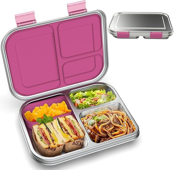 BOSEDSANG Stainless Steel Kids Leak-Resistant Bento Lunch Box, 3-Compartments with Silicone Conta... | Amazon (US)